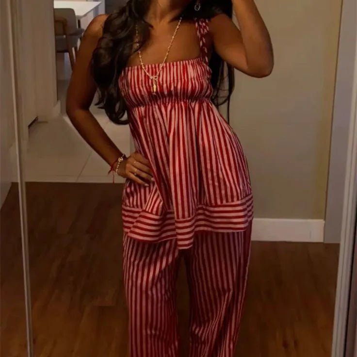 OLANE Striped Ruffle Sleepwear Set LWomen's Sets
