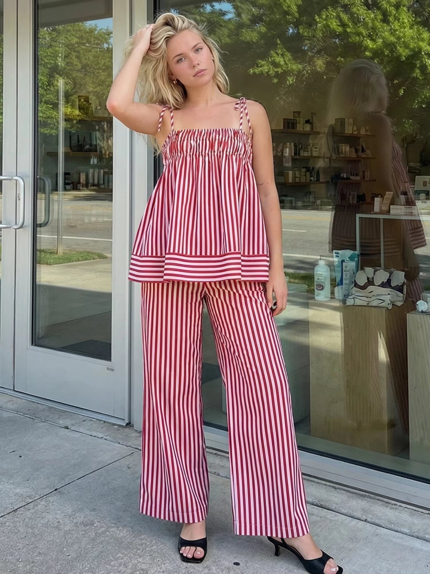 OLANE Striped Ruffle Sleepwear Set SWomen's Sets