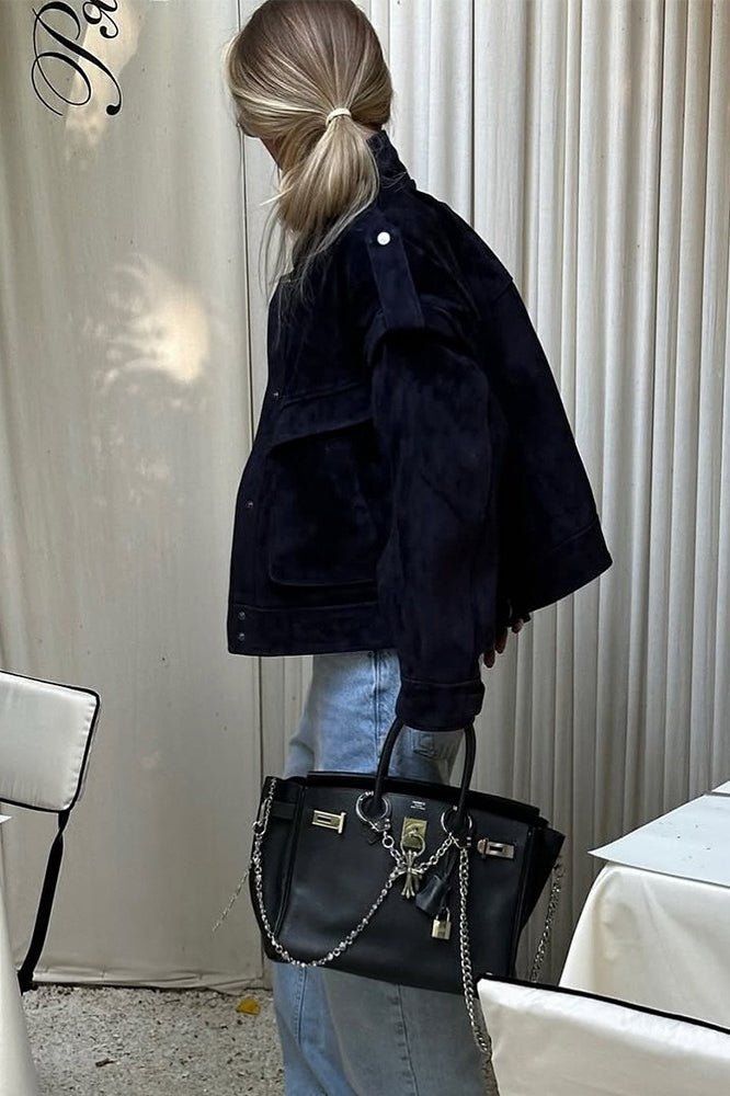 OLANE Structured Wide Shoulder Suede Jacket BlueMWomen's Coats & Jackets