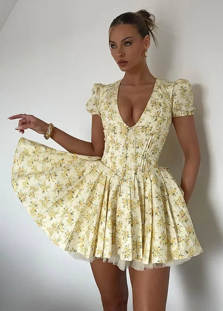 OLANE Stylish Pleated V-Neck Mini Dress MWomen’s Dresses