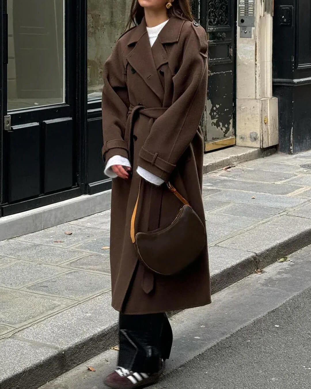OLANE Stylish V-Neck Autumn Winter Coat BrownSWomen's Coats & Jackets