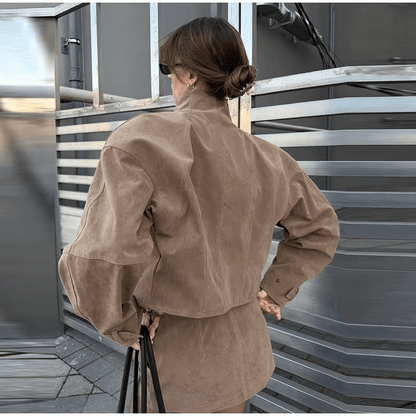 OLANE Suede Cropped Coat Mini Skirt Set Cropped Coat & Mini Skirt SetBeigeSWomen's Sets