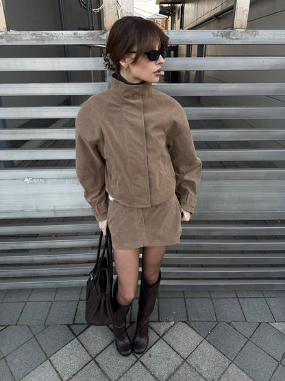 OLANE Suede Cropped Coat Mini Skirt Set Cropped Coat & Mini Skirt SetBeigeSWomen's Sets