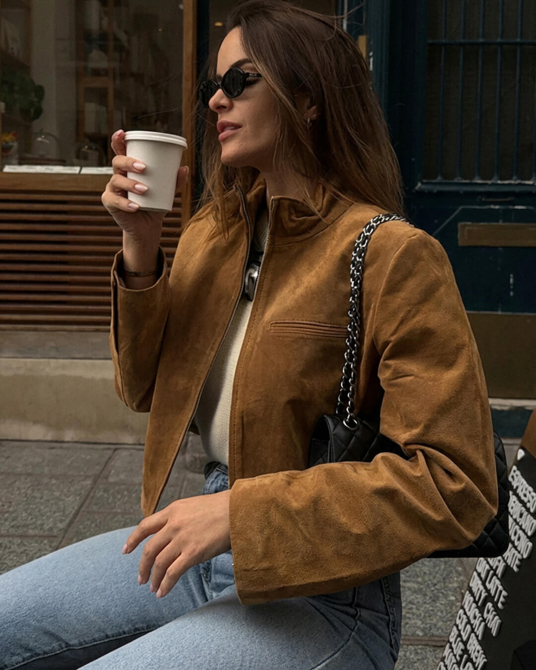 OLANE Suede Stand Collar Zipper Jacket BrownLWomen's Coats & Jackets