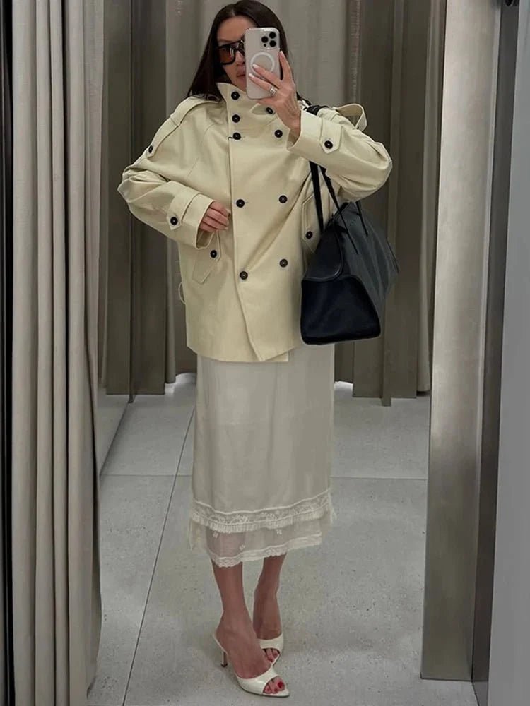 OLANE Tailored Stand Collar Trench Coat BeigeMWomen's Coats & Jackets