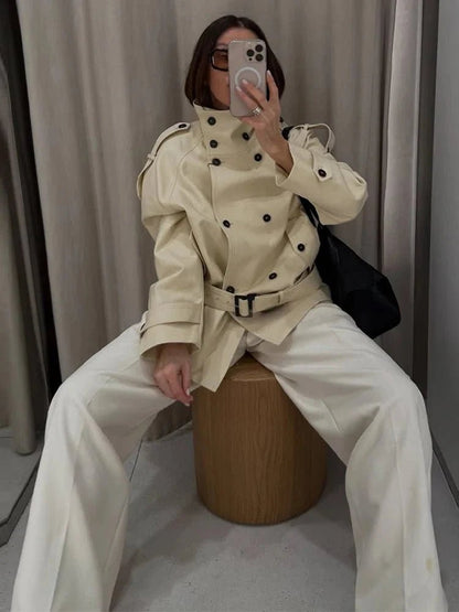 OLANE Tailored Stand Collar Trench Coat BeigeMWomen's Coats & Jackets