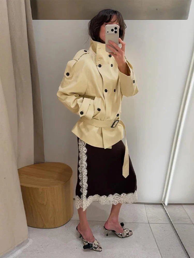 OLANE Tailored Stand Collar Trench Coat BeigeMWomen's Coats & Jackets