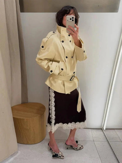 OLANE Tailored Stand Collar Trench Coat BeigeMWomen's Coats & Jackets