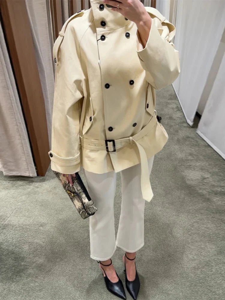 OLANE Tailored Stand Collar Trench Coat BeigeSWomen's Coats & Jackets