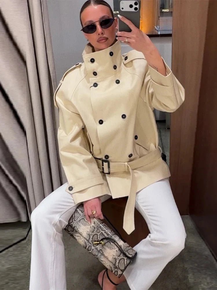 OLANE Tailored Stand Collar Trench Coat BeigeSWomen's Coats & Jackets