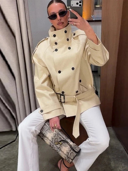 OLANE Tailored Stand Collar Trench Coat BeigeSWomen's Coats & Jackets