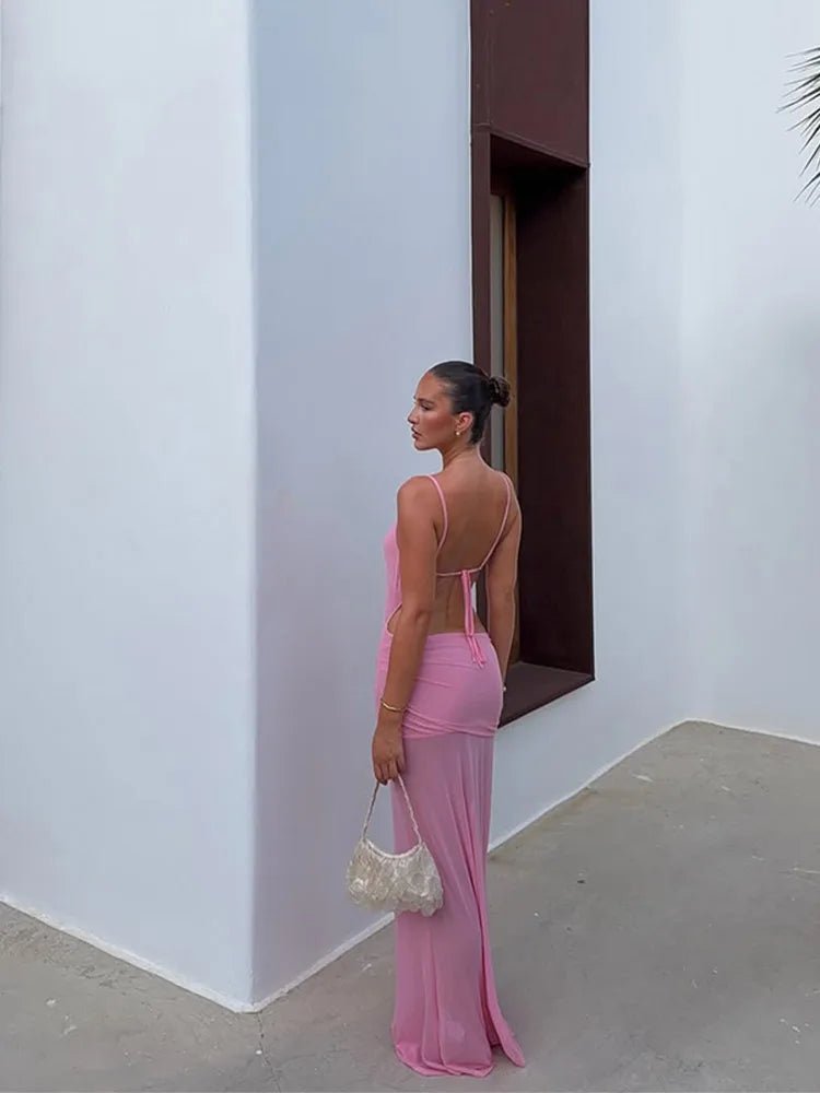 OLANE Twist Cut Out High Slit Maxi Dress PinkLWomen's Dresses