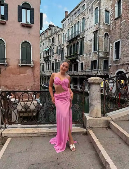 OLANE Twist Cut Out High Slit Maxi Dress PinkMWomen's Dresses