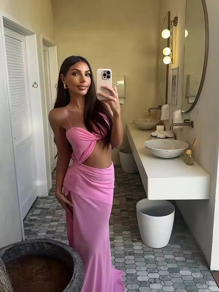 OLANE Twist Cut Out High Slit Maxi Dress PinkSWomen's Dresses