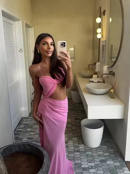 OLANE Twist Cut Out High Slit Maxi Dress PinkSWomen's Dresses