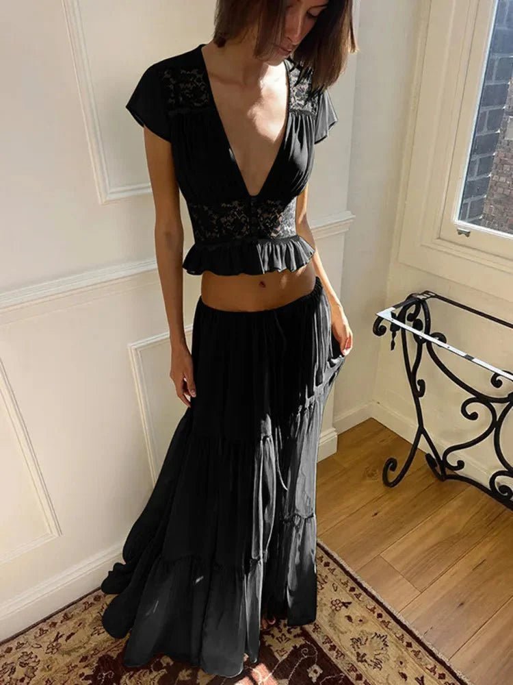 Ella – Spitzen-Crop-Top Chiffon Zweiteiler