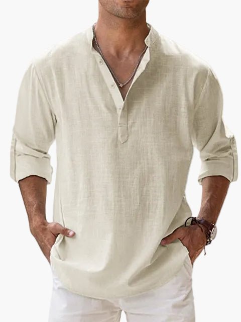 OLANE Vegan Linen Long Sleeve Half Placket Shirt BeigeSMen's Tops