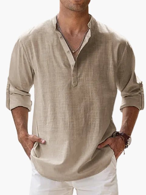 OLANE Vegan Linen Long Sleeve Half Placket Shirt KhakiSMen's Tops