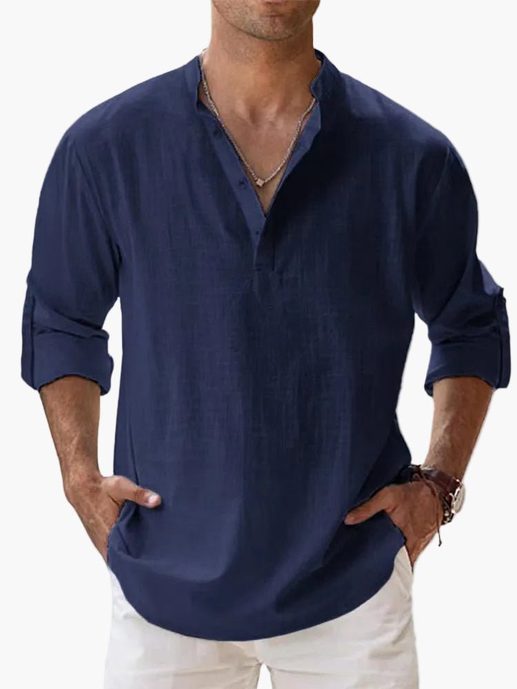 OLANE Vegan Linen Long Sleeve Half Placket Shirt Navy BlueSMen's Tops