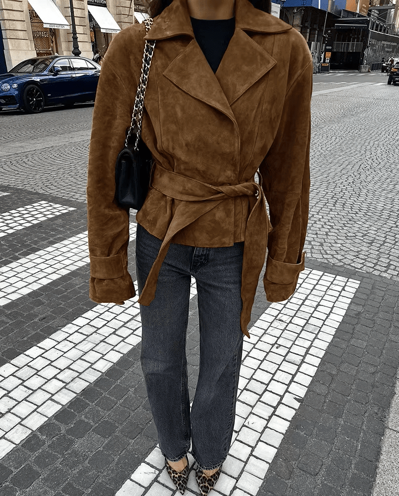 Wickeljacke aus Wildlederimitat mit Gürtel im Vintage-Stil