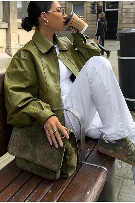 Grüne Kunstlederjacke im Vintage-Stil