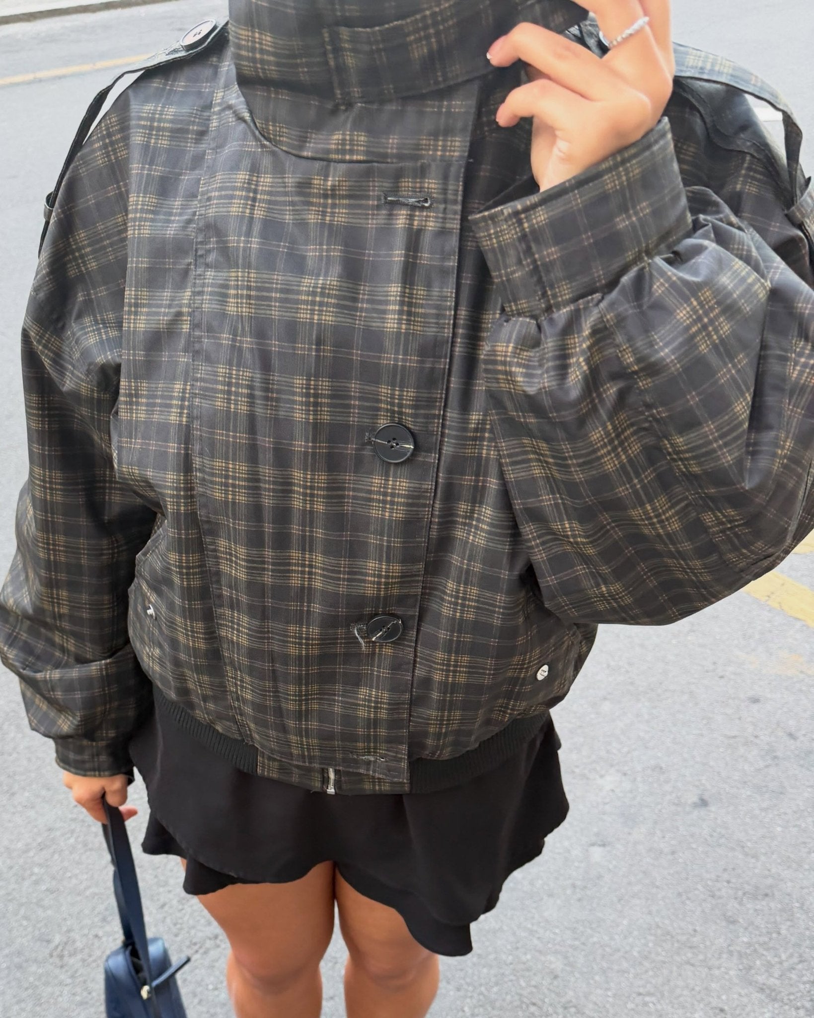 Vintage-Karo-Bomberjacke mit Stehkragen
