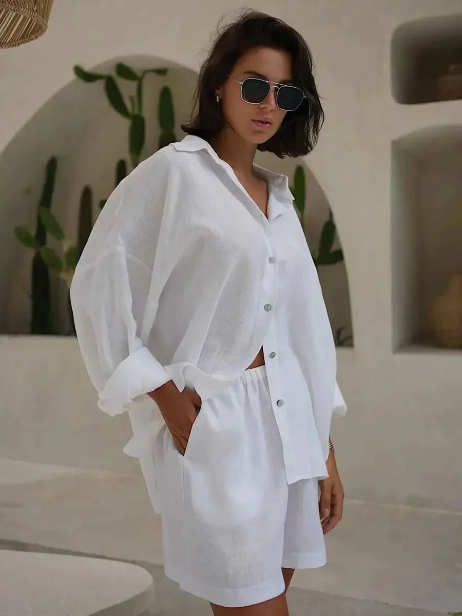OLANE Yui Lapel Lantern Sleeve Shorts Set WhiteSShorts