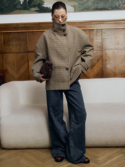 Funnel Neck Houndstooth Short Jacket
