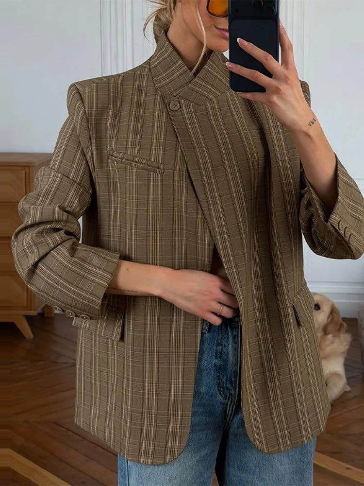Chic Plaid Stand Collar Blazer
