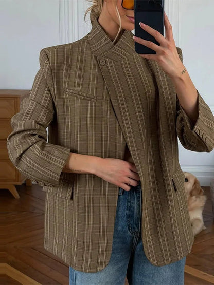 Chic Plaid Stand Collar Blazer