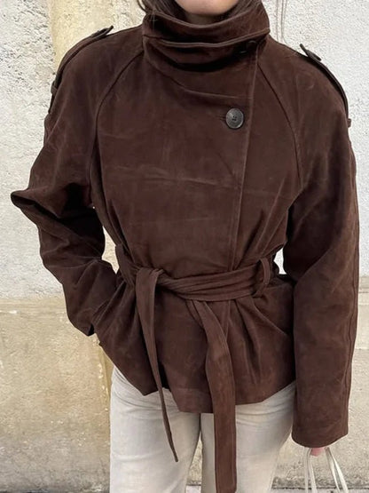 Stylish Funnel Faux Suede Trench Coat