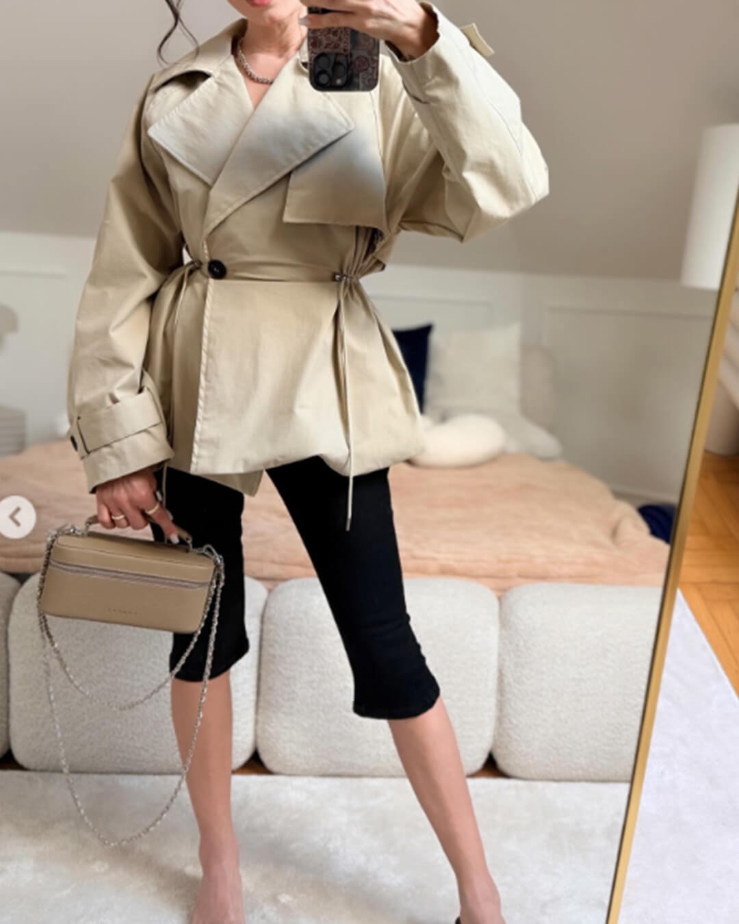 Lapel Collar Drawstring Trench Coat