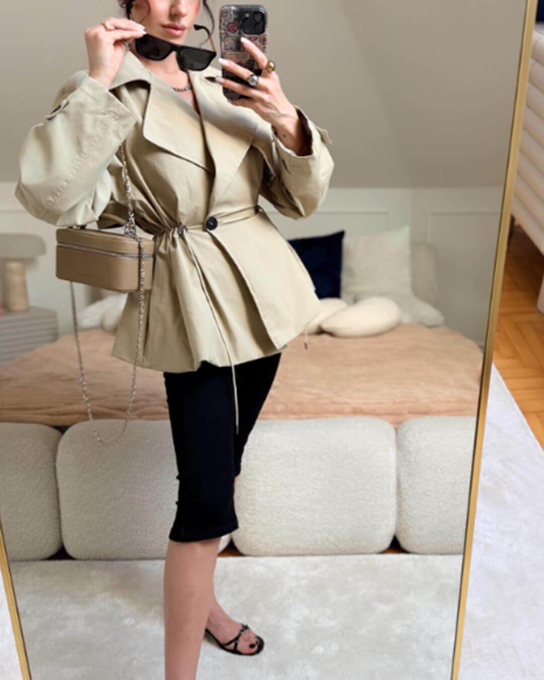 Lapel Collar Drawstring Trench Coat