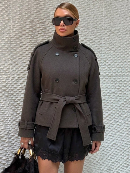 Double Breasted Belted Stand Collar Coat