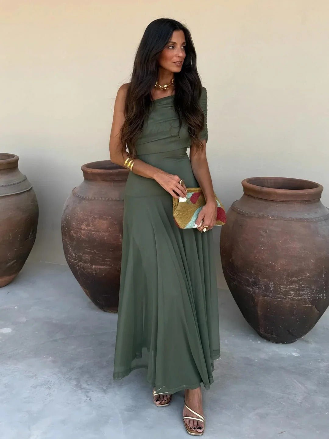 Asymmetrisches One-Shoulder Maxikleid mit Raffung