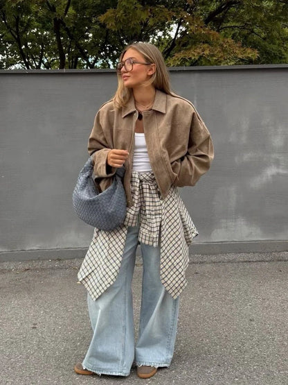 Jessica Wildleder Oversized Reißverschluss-Jacke