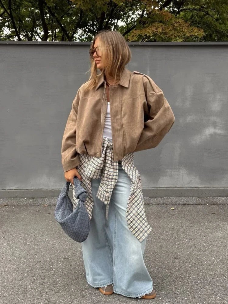 Jessica Wildleder Oversized Reißverschluss-Jacke