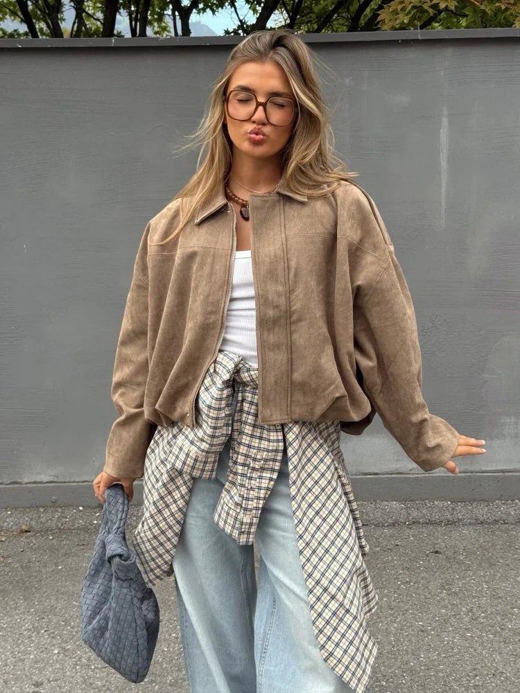 Jessica Wildleder Oversized Reißverschluss-Jacke