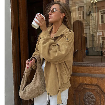 Faux Suede Oversized Bomber Jacket