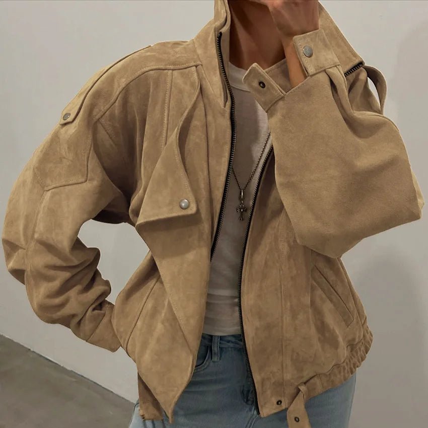 Faux Suede Oversized Bomber Jacket