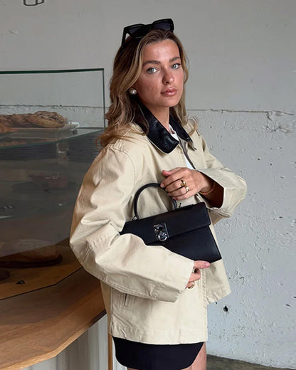 Stylish Contrast Collar Zip-Up Jacket