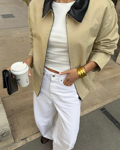 Stylish Contrast Collar Zip-Up Jacket
