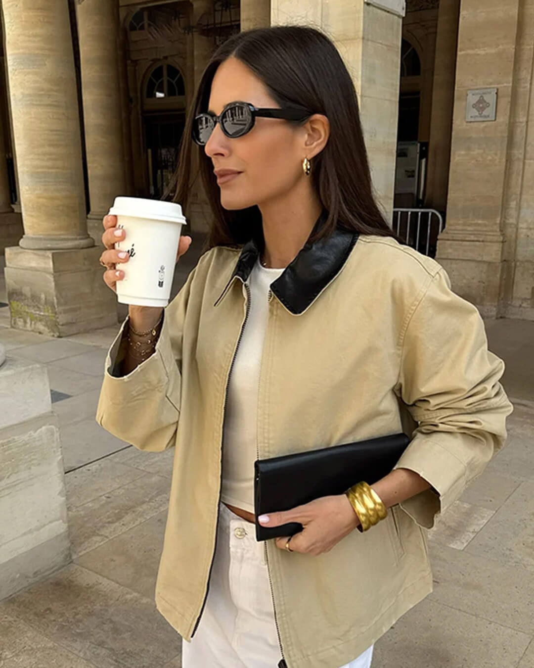 Stylish Contrast Collar Zip-Up Jacket