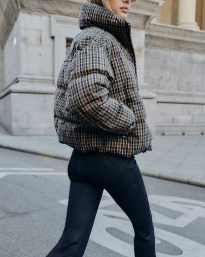 Classic Plaid High Neck Puffer Jacket