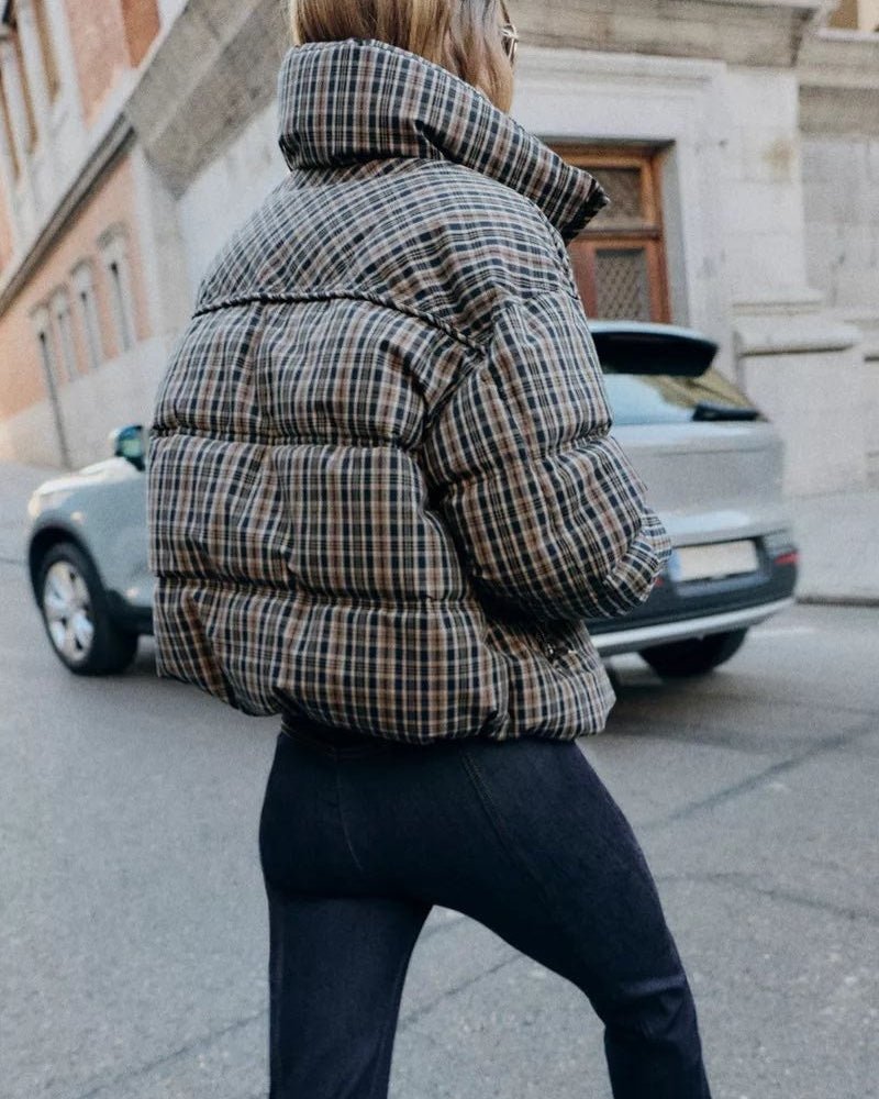 Classic Plaid High Neck Puffer Jacket