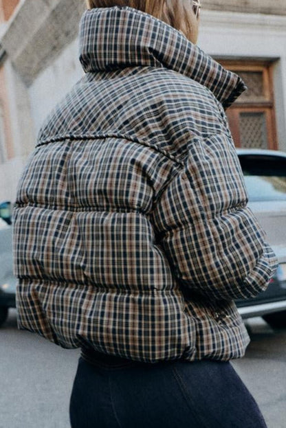 Classic Plaid High Neck Puffer Jacket