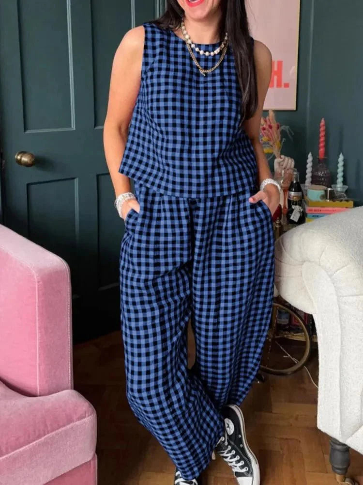 Stylisches kariertes ärmelloses Weste-Hose-Set