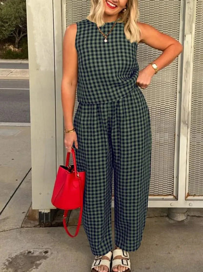 Stylisches kariertes ärmelloses Weste-Hose-Set