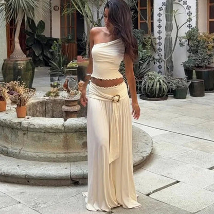Asymmetrisches One-Shoulder Rock-Maxikleid-Set mit Gürtel