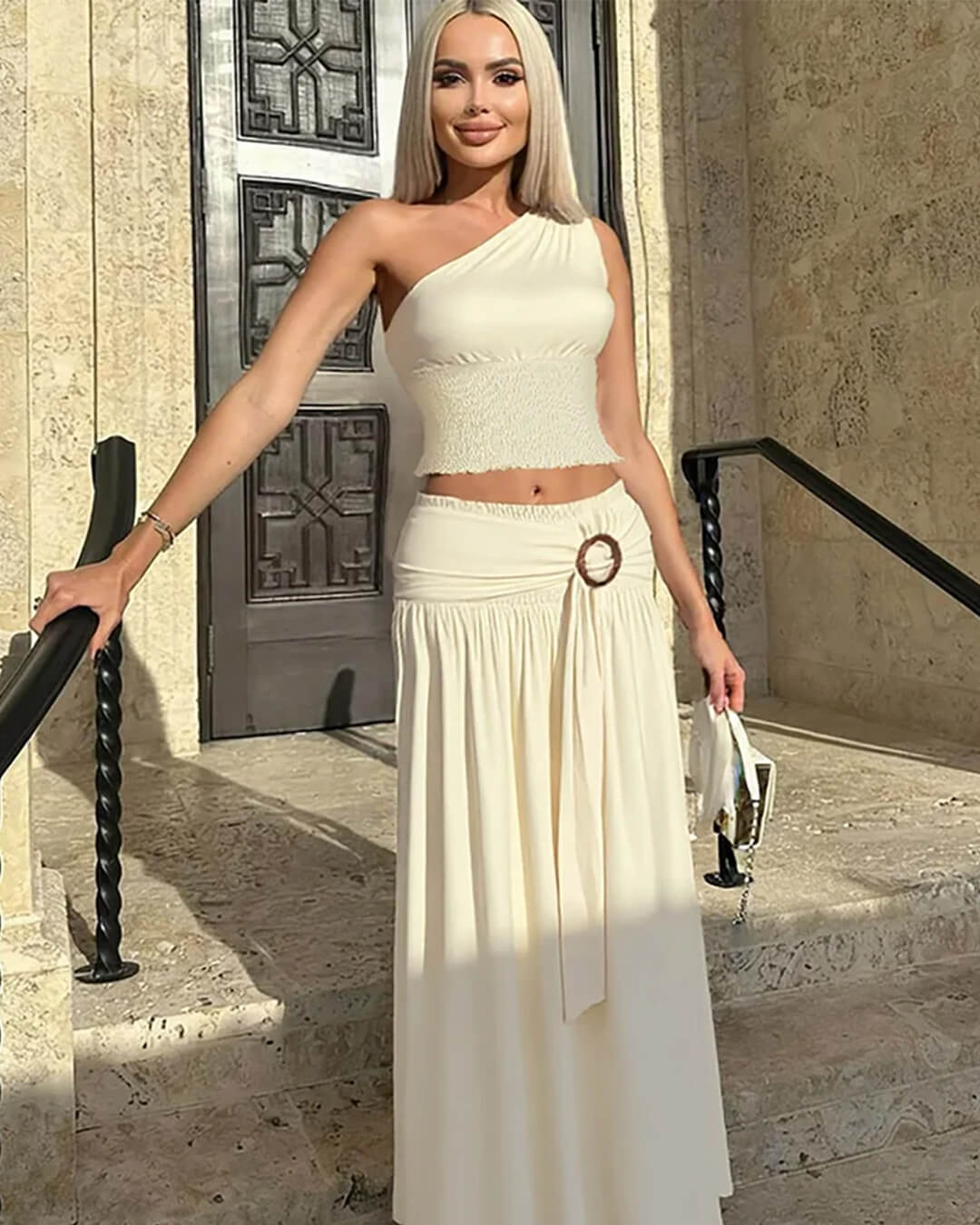 Asymmetrisches One-Shoulder Rock-Maxikleid-Set mit Gürtel